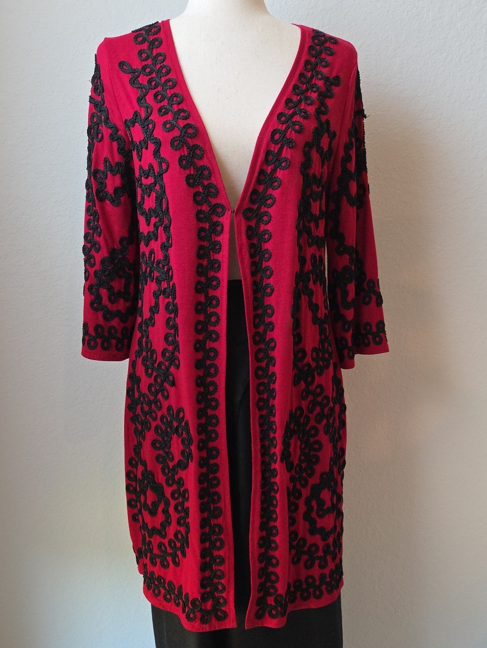 Lauren Michelle Red Long Open Robe Black Embroidery Jacket Cover Boho Gypsy